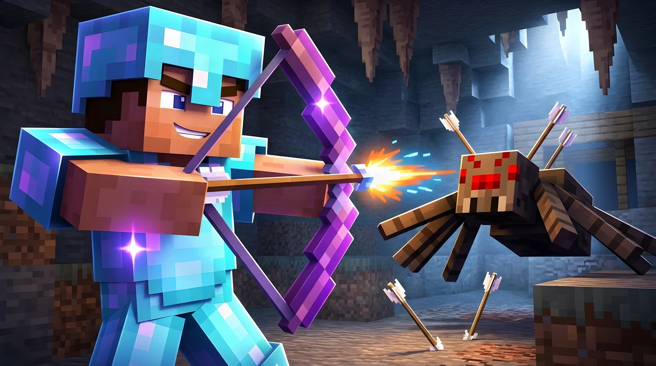 Minecraft archer in diamond armor fighting a spider in a cave